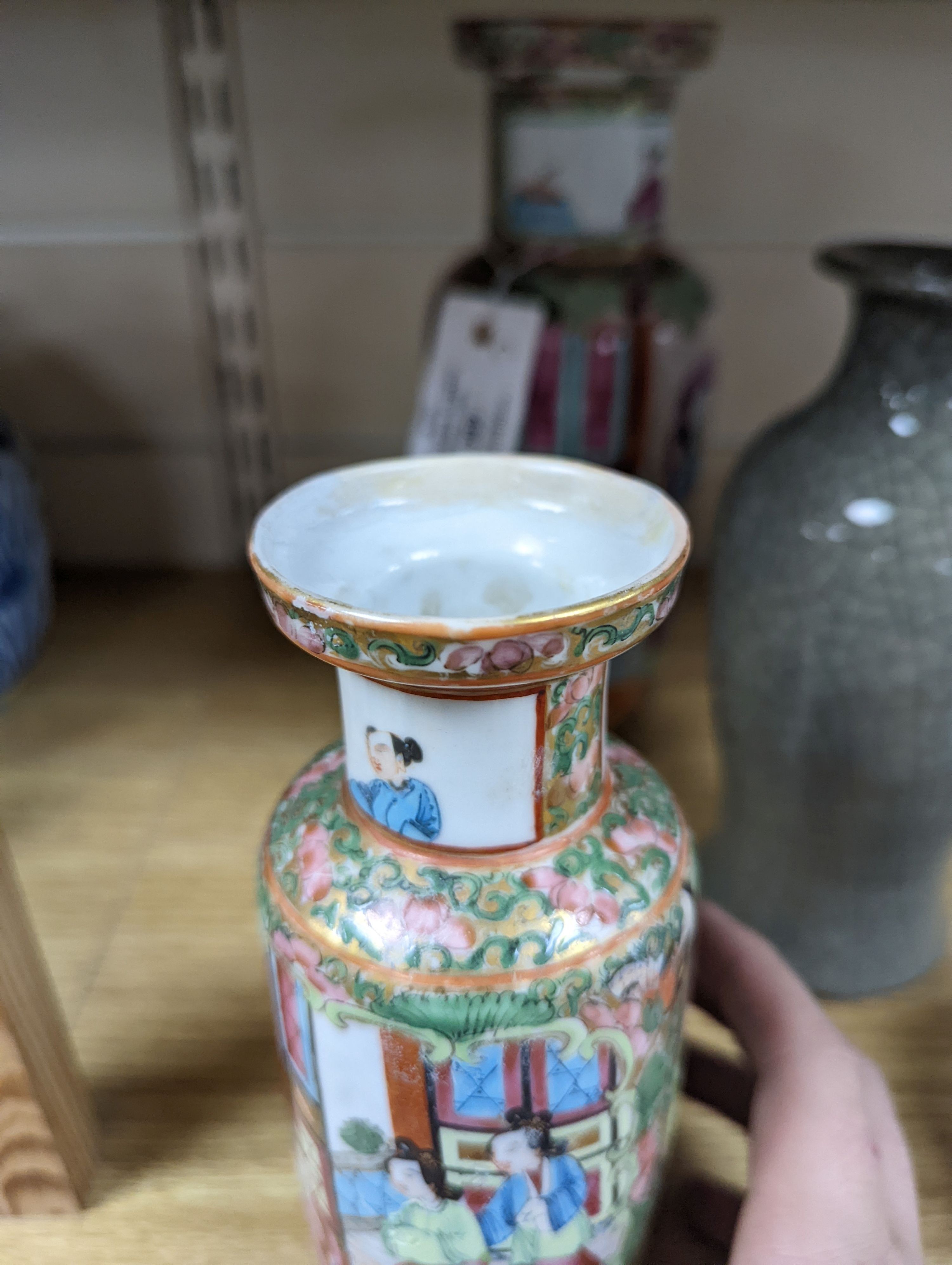 Two Chinese famille rose vases and a Celadon crackle glazed vase, 19th-century and later, tallest 25 cm